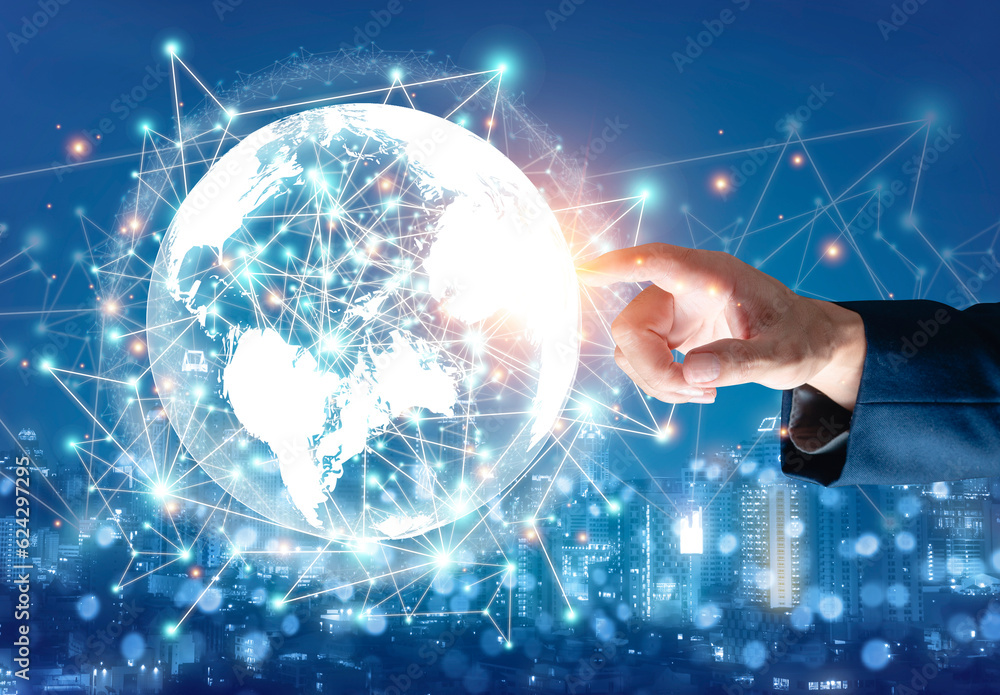 Poster businessman hand touching global network and data exchanges over the world 3d rendering, network cit