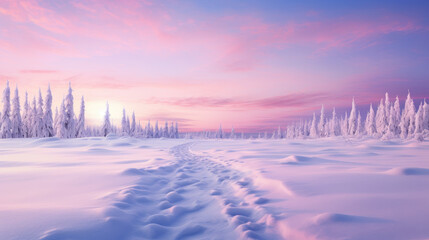 beautiful winter landscape with sunset in the snowy mountains, trees covered with snow