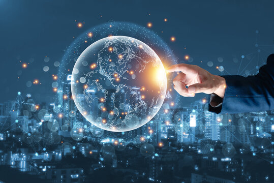 Businessman hand touching global network and data exchanges over the world 3D rendering, network city background. Internet concept. Technology Ai for science, business, innovation