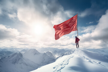 Back view of a man on top of a snowy mountain on a sunny day, raising a red flag. Creative concept of leadership, conquering peaks, professional achievements. Generative AI photo imitation.