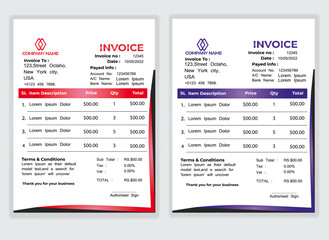 Business Minimal Corporate Invoice design template vector illustration bill form price . Creative template and stationery design payment agreement design template Cash Memo, Vector Quotation Design