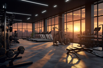 fitness center interior. Generative AI - obrazy, fototapety, plakaty
