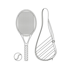Racket and ball for big tennis, cover for tennis rackets. Various Sport equipment. Fitness inventory, gym accessories. Line art.