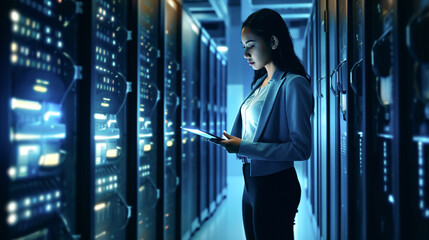 Woman it support engineer working in a dark server room. Computer, cybersecurity and analytics with a female programmer problem solving or troubleshooting - obrazy, fototapety, plakaty