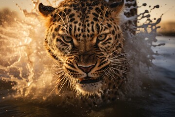 Close up of ferocious looking leopard running through water