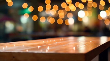 Empty wooden table and bokeh lights background. For product display