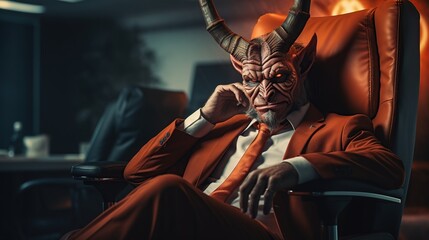 a devil-faced man with horns sits on an office chair