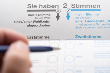 German ballot papers for the political elections in Germany for casting the first vote and the second vote - 624302271