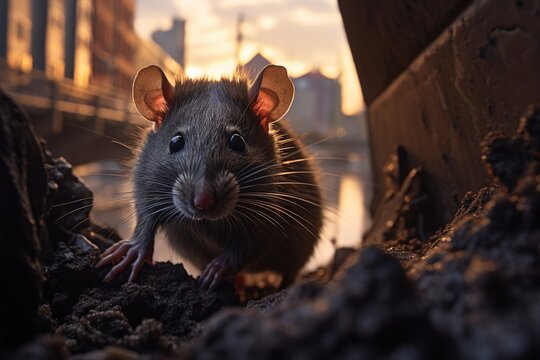 Urban brown rat surrounded by city buildings