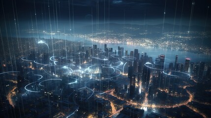 Digital society of future. Modern technological city. AI generated. - obrazy, fototapety, plakaty