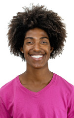 Passport photo of laughing young adult black man with curly hair