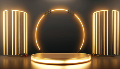 Gold empty podium floating in the air in dark scene with wall of line vertical gold neon lamps around
vector illustration