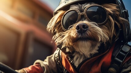 dog is riding a motorcycle wearing a helmet and goggles