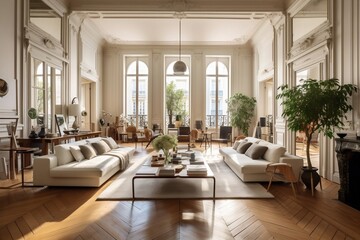 Sophisticated Parisian Style Living Room with High Ceilings. Generative AI