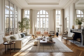 Sophisticated Parisian Style Living Room with High Ceilings. Generative AI - obrazy, fototapety, plakaty