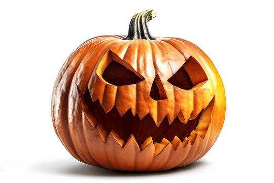 Halloween pumpkin head with scary face, Jack O' Lantern isolated on a white background. Image is AI generated.