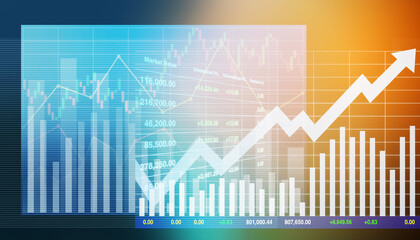 Colorful illustration image background of growth investment stock index data with graph, chart, number, candlesticks and arrow up symbol for business and industry presentation backdrop.