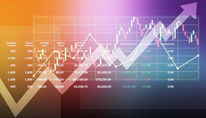 Colorful illustration image background of growth investment stock index data with graph, chart, number, candlesticks and arrow up symbol for business and industry presentation backdrop.