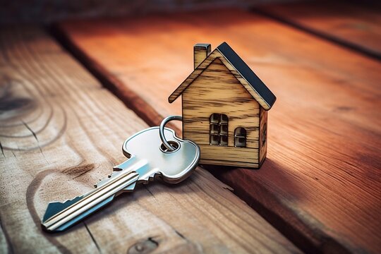 House-Shaped Keychain Key in Door Keyhole. Generative AI