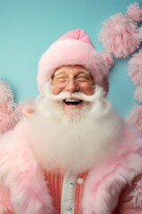 An elderly man with a long white beard lounges in a room adorned with a luxurious pink fur garment, creating an inviting and regal atmosphere