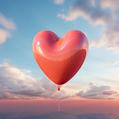 A bold red heart-shaped balloon soaring through the clouds evokes a sense of freedom and joy in the vast expanse of the sky
