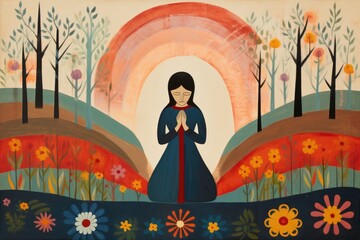 A girl in a blue dress is praying in the spring forest.