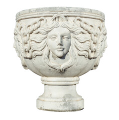antique bowl with a bas-relief in the form of a girl's face and chains. Isolated on white...