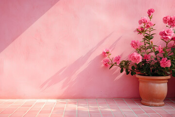 Background photo, mediterranean tiles, summer plants on the pastel pink background 
