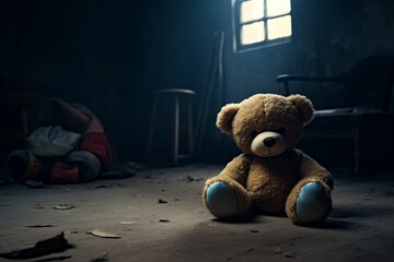 abandoned teddy bear sitting on the floor.  