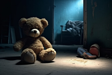abandoned teddy bear sitting on the floor.  