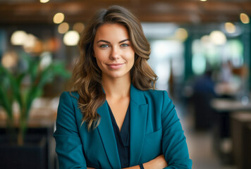 Business portrait of smiling young businesswoman standing in modern office with arms crossed wearing a suit. Young female urban professional.