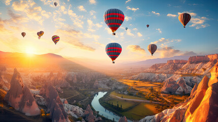 Hot air balloons flying above a mountain