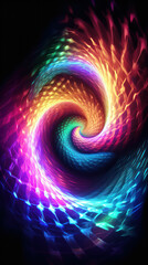 Abstract colorful background with glowing neon particles twisted into a spiral on a black background