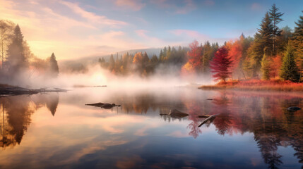 Autumn forest reflected in water.  Fog and sunrays