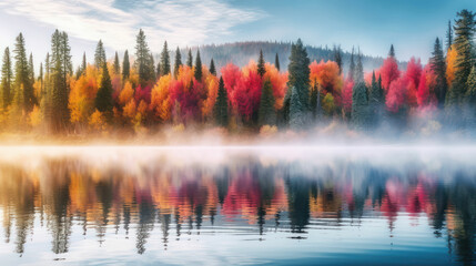 Autumn forest reflected in water.  Fog and sunrays