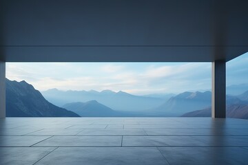 Cinematic still, minimalist room with a sky, floor to ceiling windows showing the mountain outside