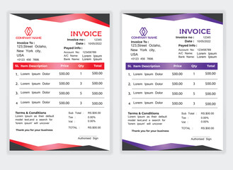 Business Minimal Corporate Invoice design template vector illustration bill form price . Creative template and stationery design payment agreement design template Cash Memo, Vector Quotation Design