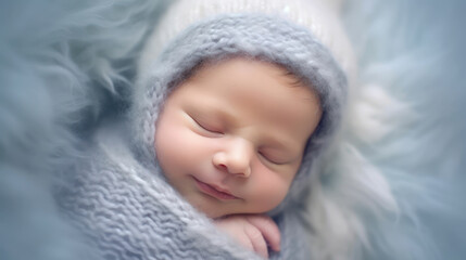 Sleeping newborn smile baby - obrazy, fototapety, plakaty