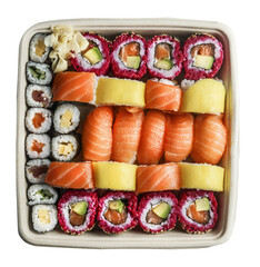 Iolsted of sushi set take away in квадратный sustainable packaging, top view 