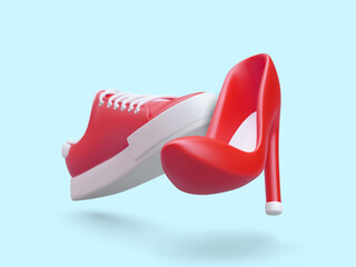 Festive and sports shoes. 3D sneaker, high heeled shoe. Color vector illustration on blue background. Modern fashion. Layout for store, department of women footwear