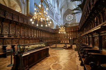 Carved choir with wooden parquet and seats in the cathedral of santa maria de burgos