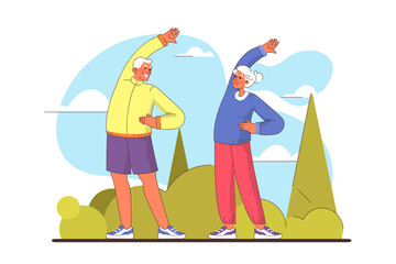 Old characters doing an outdoor workout in the city park. Active elderly