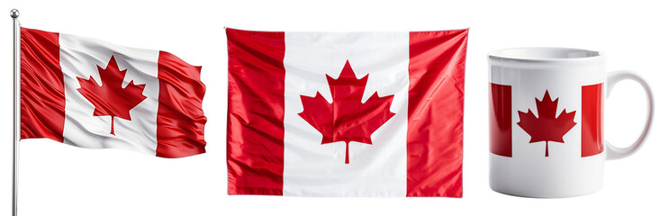 Canada flag set. Canada symbols design elements. The flag of Canada hangs on the wall. Large flag of Canada waving in the wind. Isolated on a transparent background. KI.	