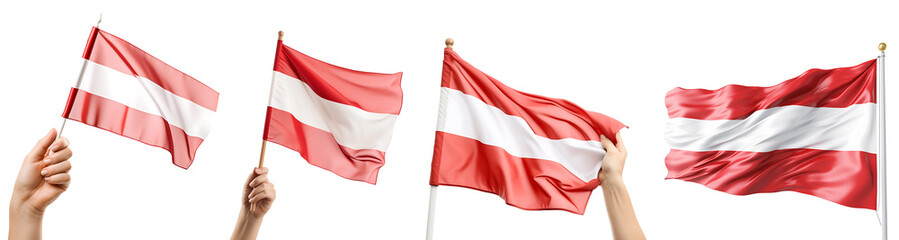 Set of flags of Austria. Austria symbols design elements. The hand holds the flag of Austria. Large Austrian flag waving in the wind. Isolated on a transparent background. KI.	