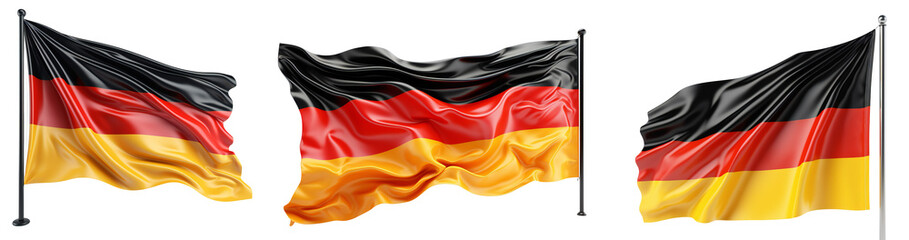 Set of flags of Germany. Germany symbols design elements. Large German flag waving in the wind. Isolated on a transparent background. KI.	