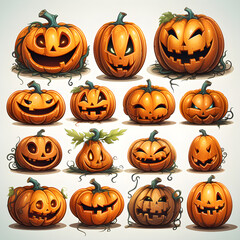 Halloween pumpkin icons set. Vintage funny pumpkins isolated on white background. Monsters faces. Vector illustration