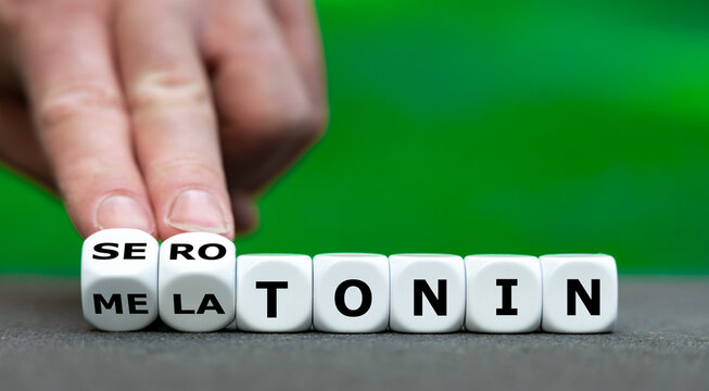 Dice form the words 'serotonin' and 'melatonin'.