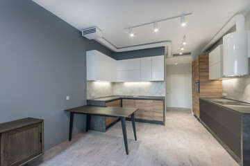 Elegant kitchen design in the interior of the studio apartment. Contrasting elements of .furniture decoration.