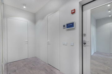 Entrance hall with white decor of walls and doors. Mirror on the front door. There is .a video intercom screen on the wall.