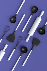 Wooden kitchen utensils, tools and equipment on violet background.
